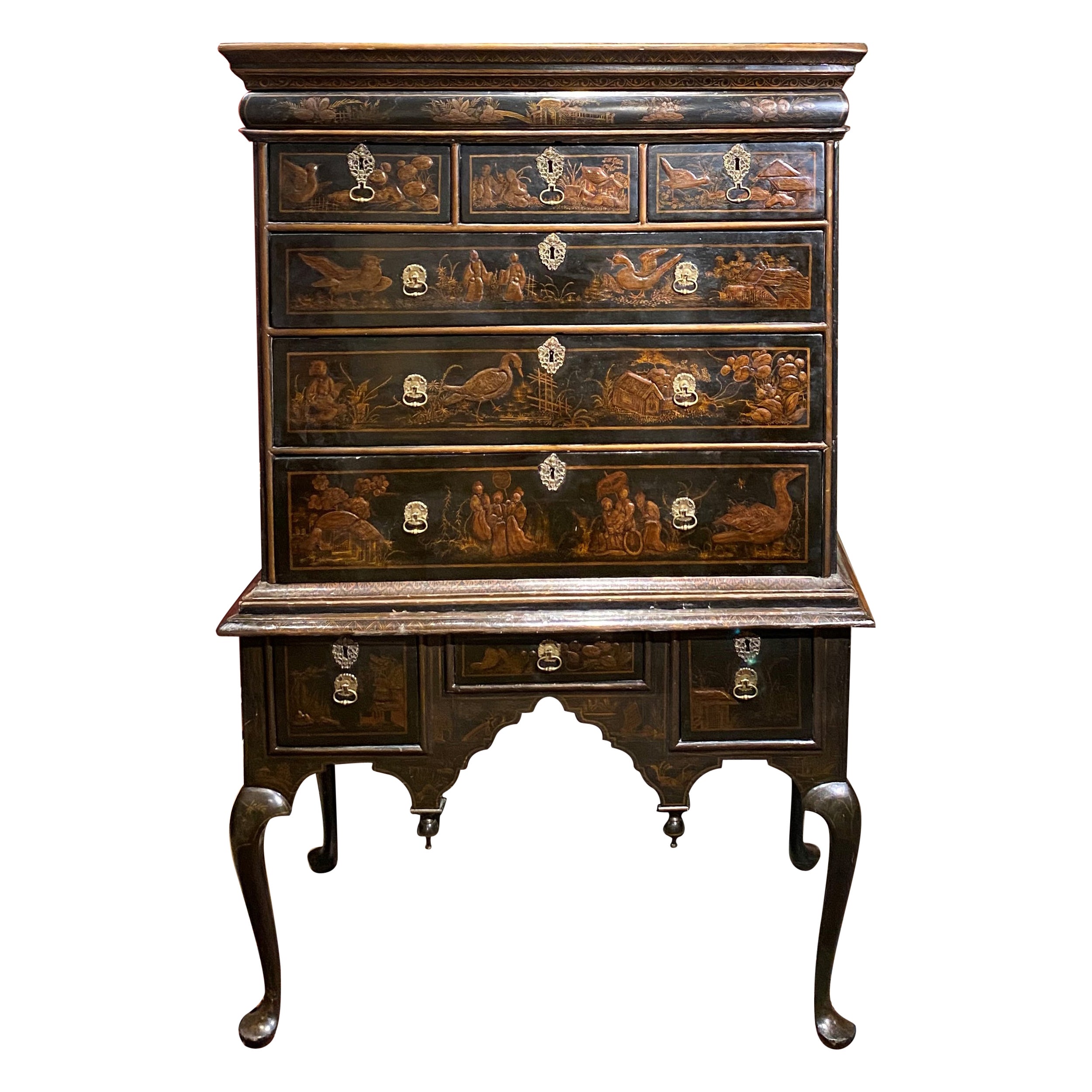 Exceptional 18th Century English Chinoiserie Two Part Oak Highboy For Sale