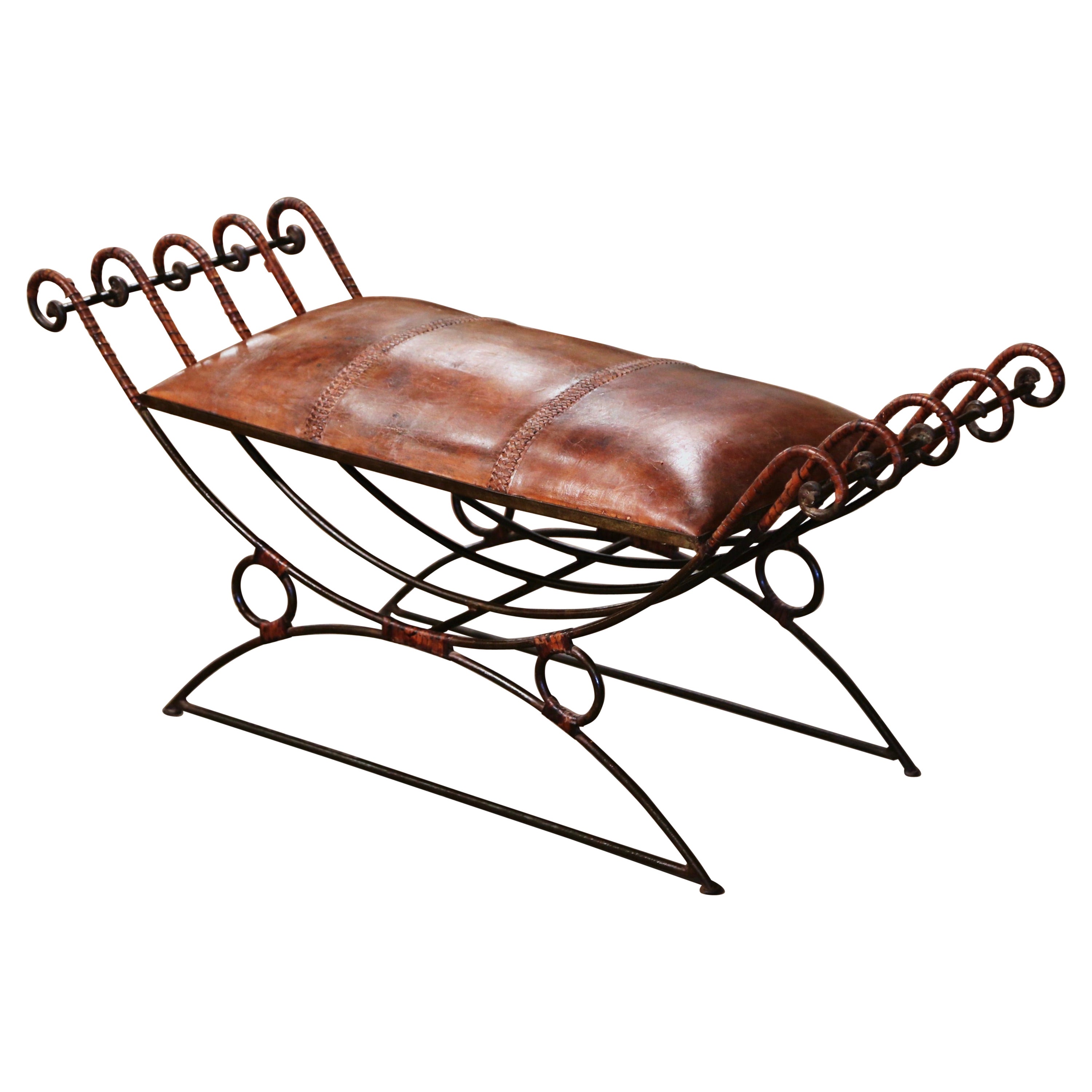 19th Century Spanish Leather and Wrought Iron "Dagobert" Curule Bench