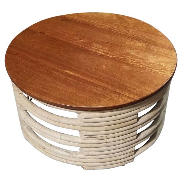 Restored Rattan White Natural Wood Stacked Round Coffee Table with ...