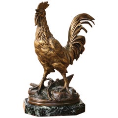 19th Century French Bronze Rooster Sculpture on Marble Base Signed E. Drouot