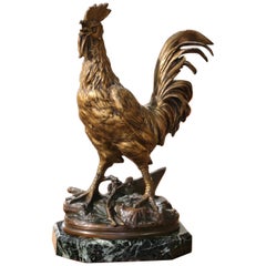 Sculpture de coq en bronze du 19ème siècle sur socle en marbre signée E. Drouot