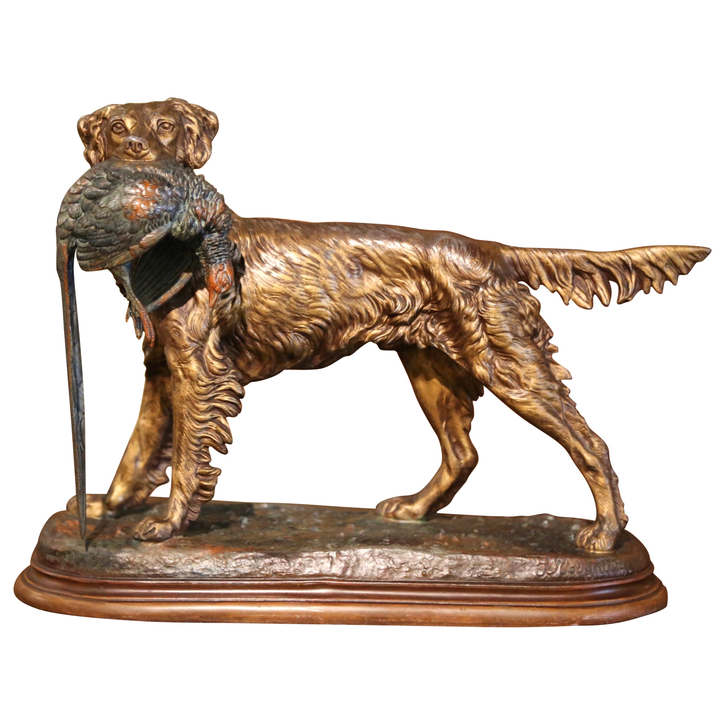 19th Century French Spelter Hunting Dog and Bird Signed J. Moigniez For Sale