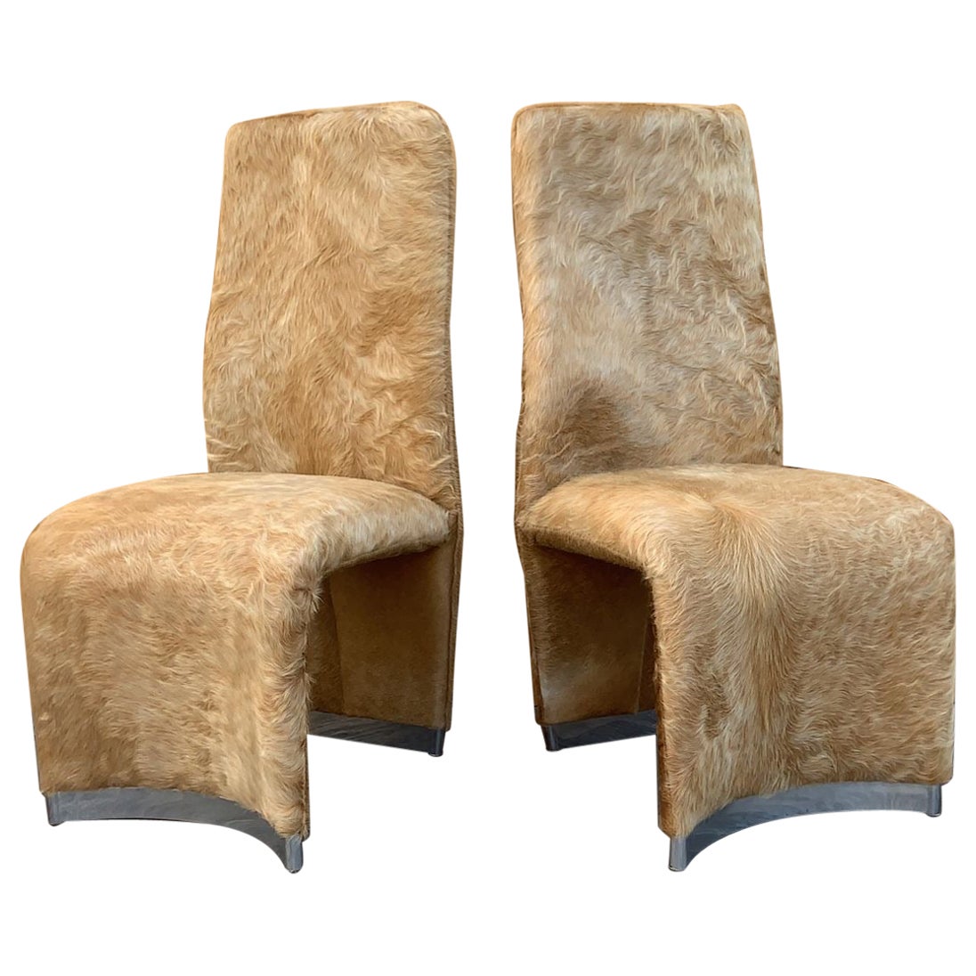 Post Modern DIA Ribbon Side Chairs with Chrome Base Trim In Cream Cowhide - Pair