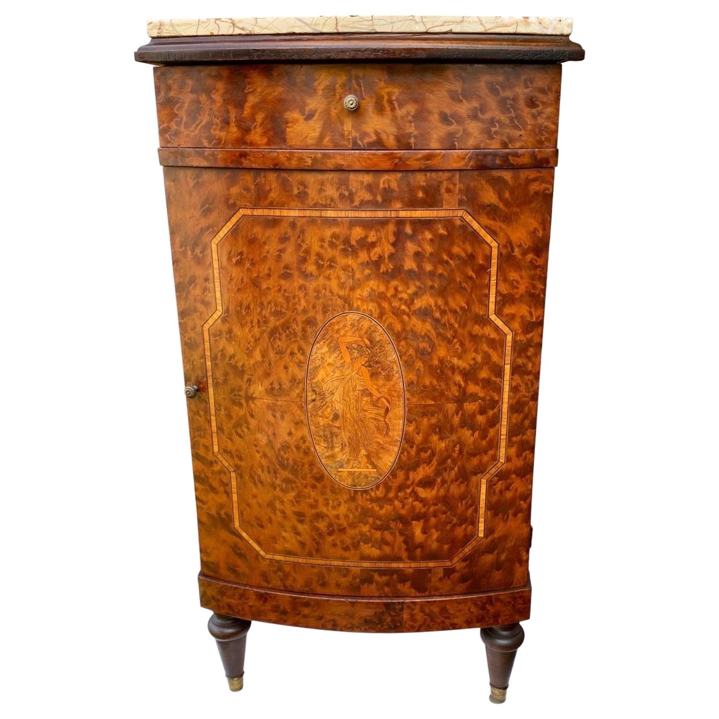 French Beaux Arts Inlaid Marquetry Burl Walnut Side Cabinet With Marble Tops  For Sale