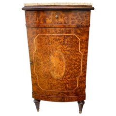 French Beaux Arts Inlaid Marquetry Burl Walnut Side Cabinet With Marble Tops 