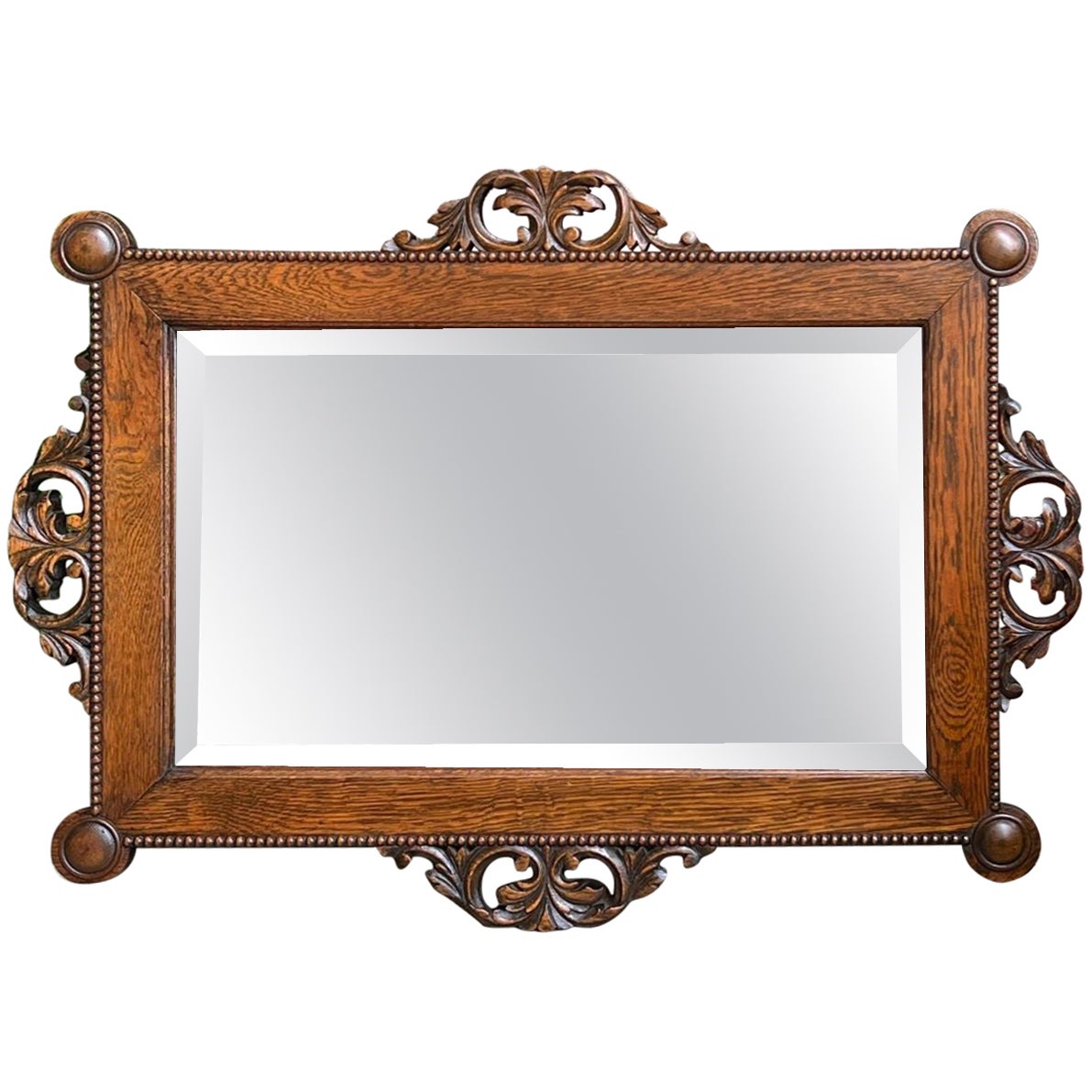 Antique English Beveled Wall Mirror Carved Oak Frame Jacobean Arts & Crafts (Miroir biseauté anglais) en vente