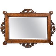 Antique English Beveled Wall Mirror Carved Oak Frame Jacobean Arts & Crafts (Miroir biseauté anglais)