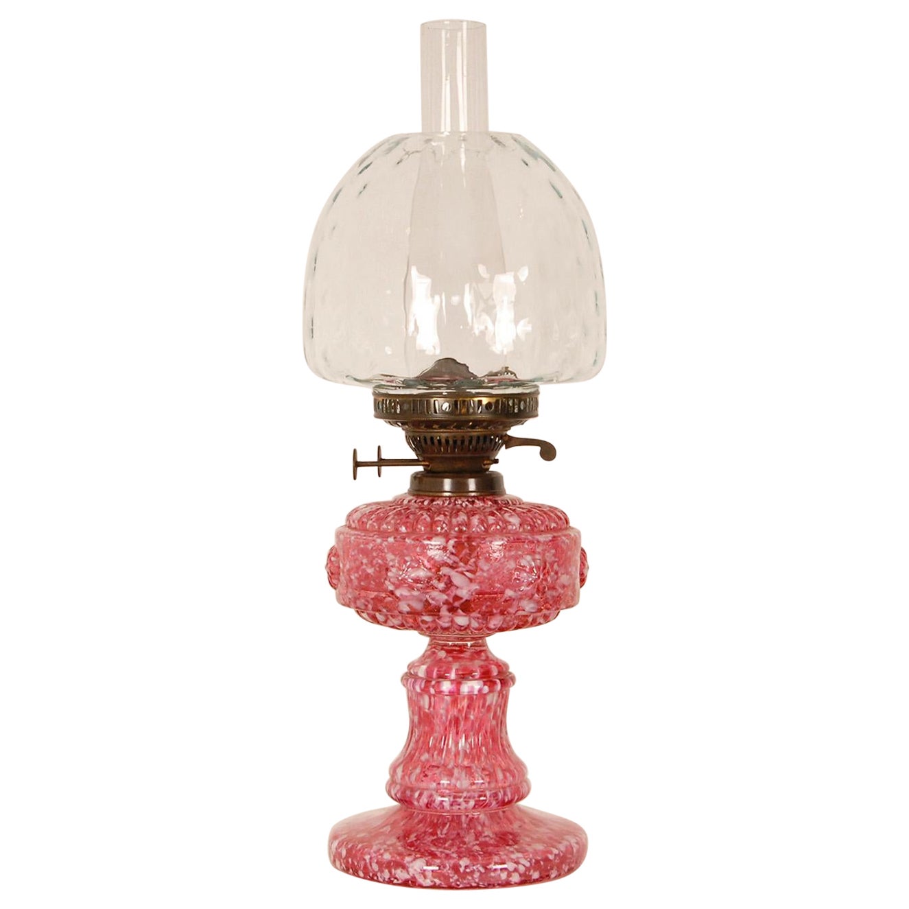 Victorian Kerosene Lamp Oil Lamp Pink and White Blown Spatter Glass Table Lamp For Sale