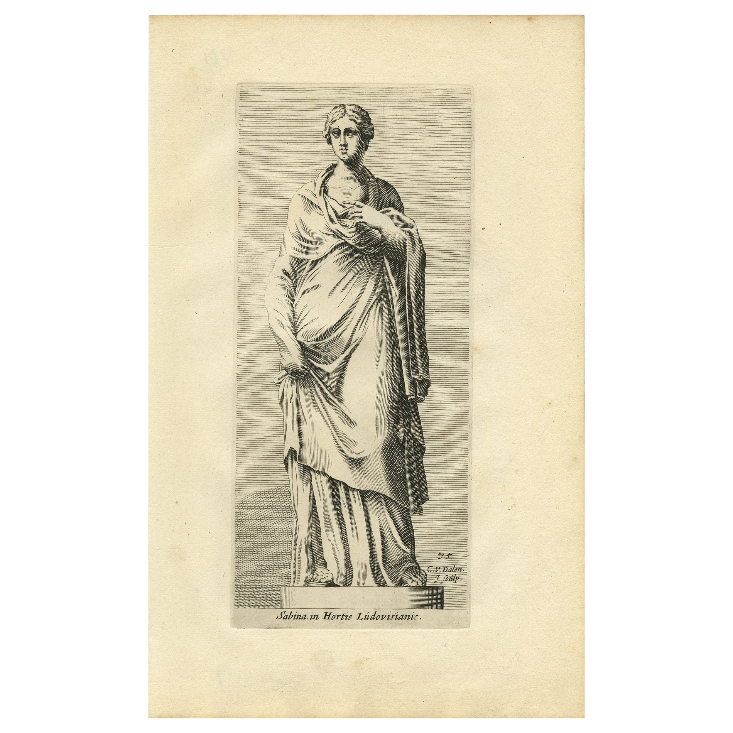 Original Antique Engraving of a Statue of a Sabine Woman in Rome, Italy