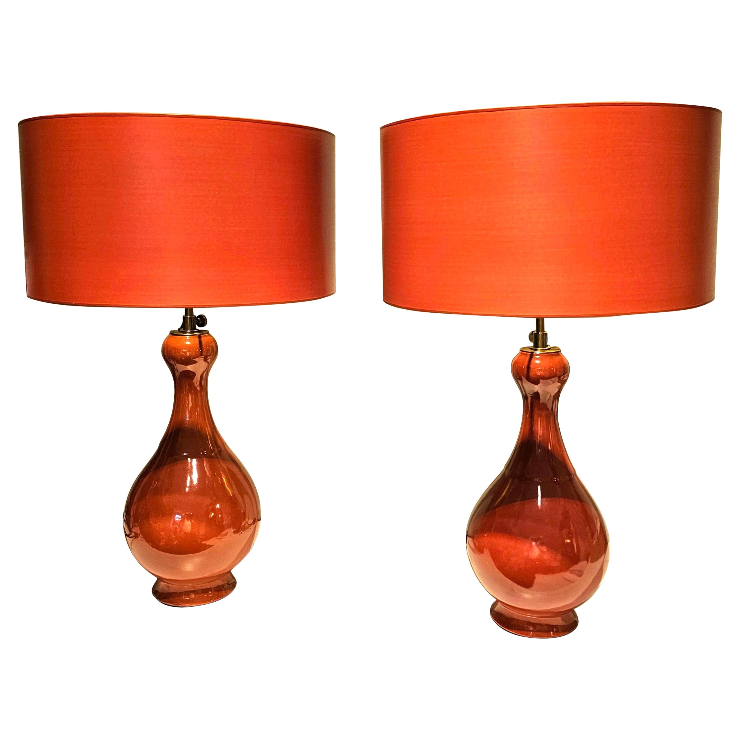 Country Style Pair of Pottery Lamps in Orange 