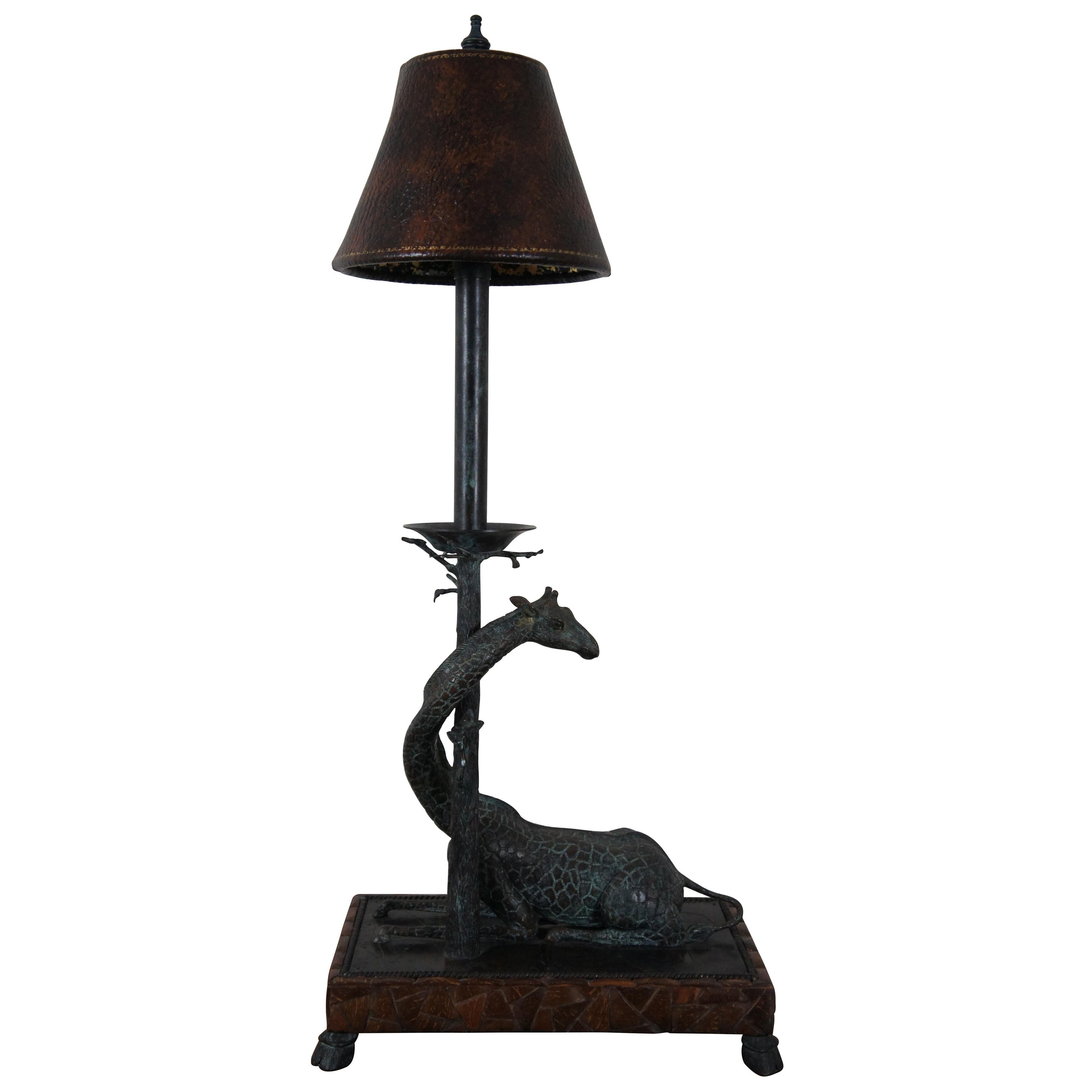 Maitland Smith Bronze Giraffe Tree Candlestick Table Lamp Leather Shade 31"