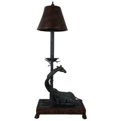 Vintage Maitland Smith Bronze Giraffe Tree Candlestick Table Lamp Leather Shade 31"