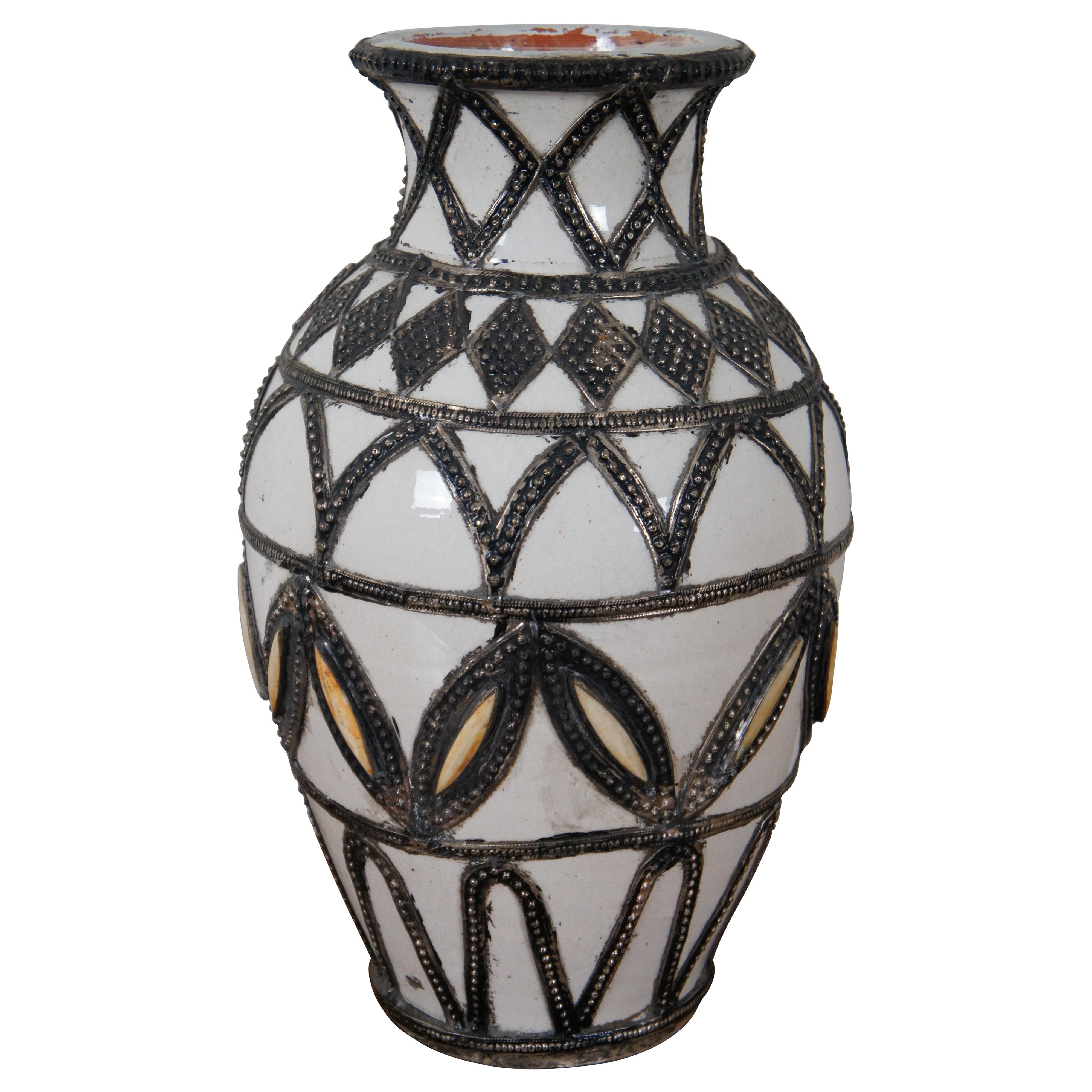 Vintage Moroccan Safi Ceramic Inlaid Nickel Silver Filigree Mantel Vase 17" For Sale