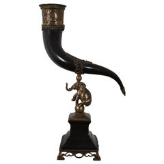 Castilian Ornamental Porcelain & Brass Elephant Horn Drinking Hunt Vase 26"