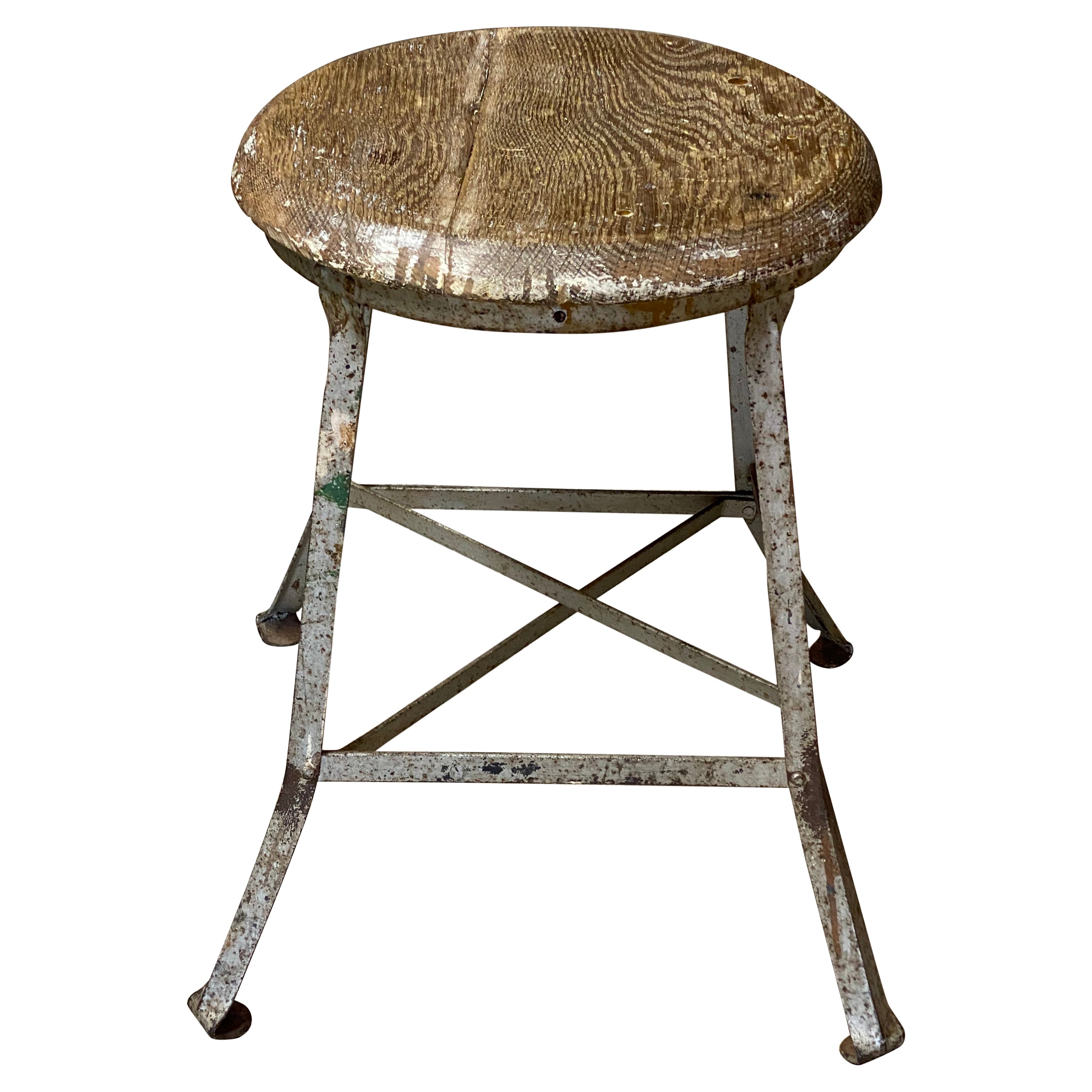 Oak and Steel Low Industrial Stool For Sale