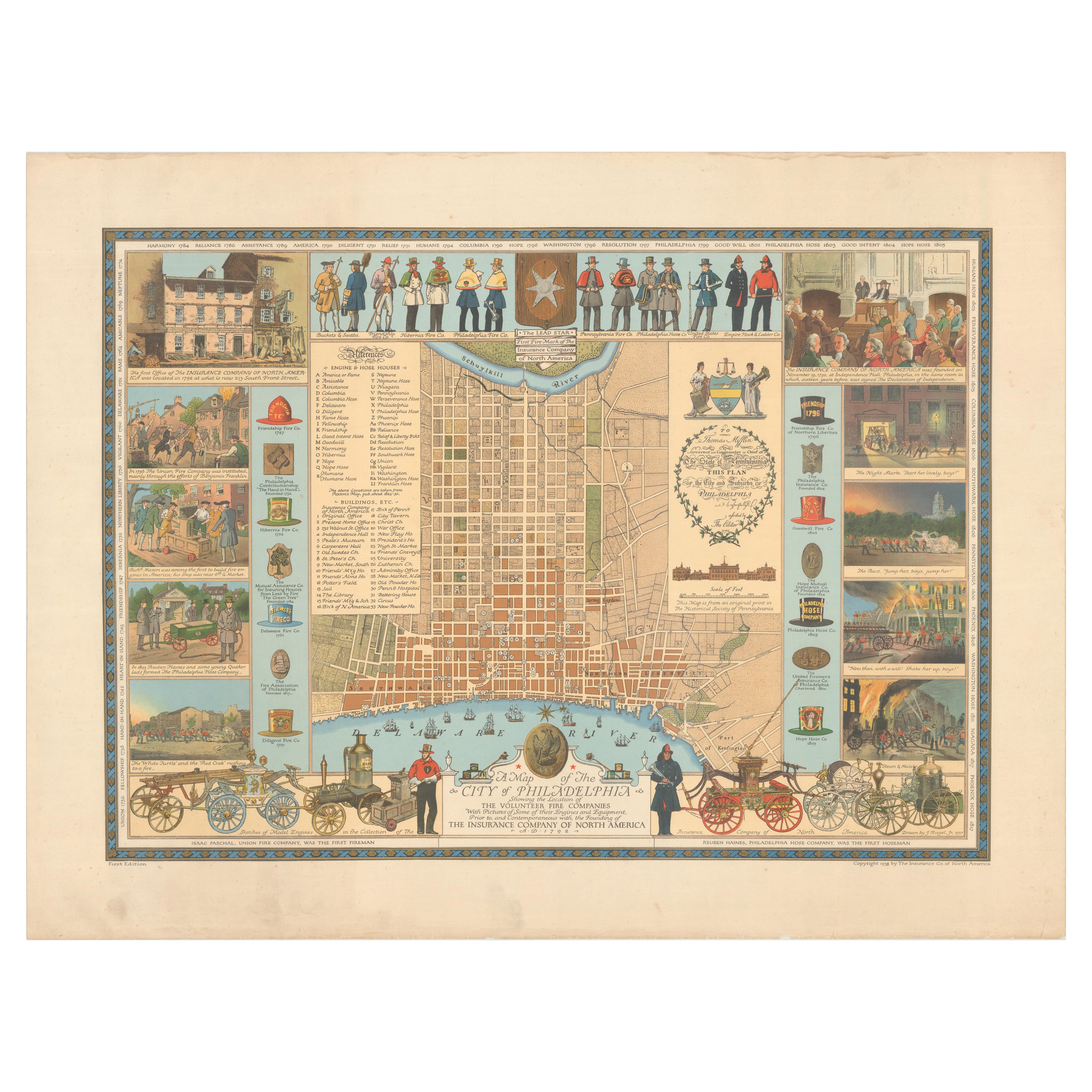 Map of Philadelphia with a Historical Tribute to its Volunteer Fire Companies For Sale