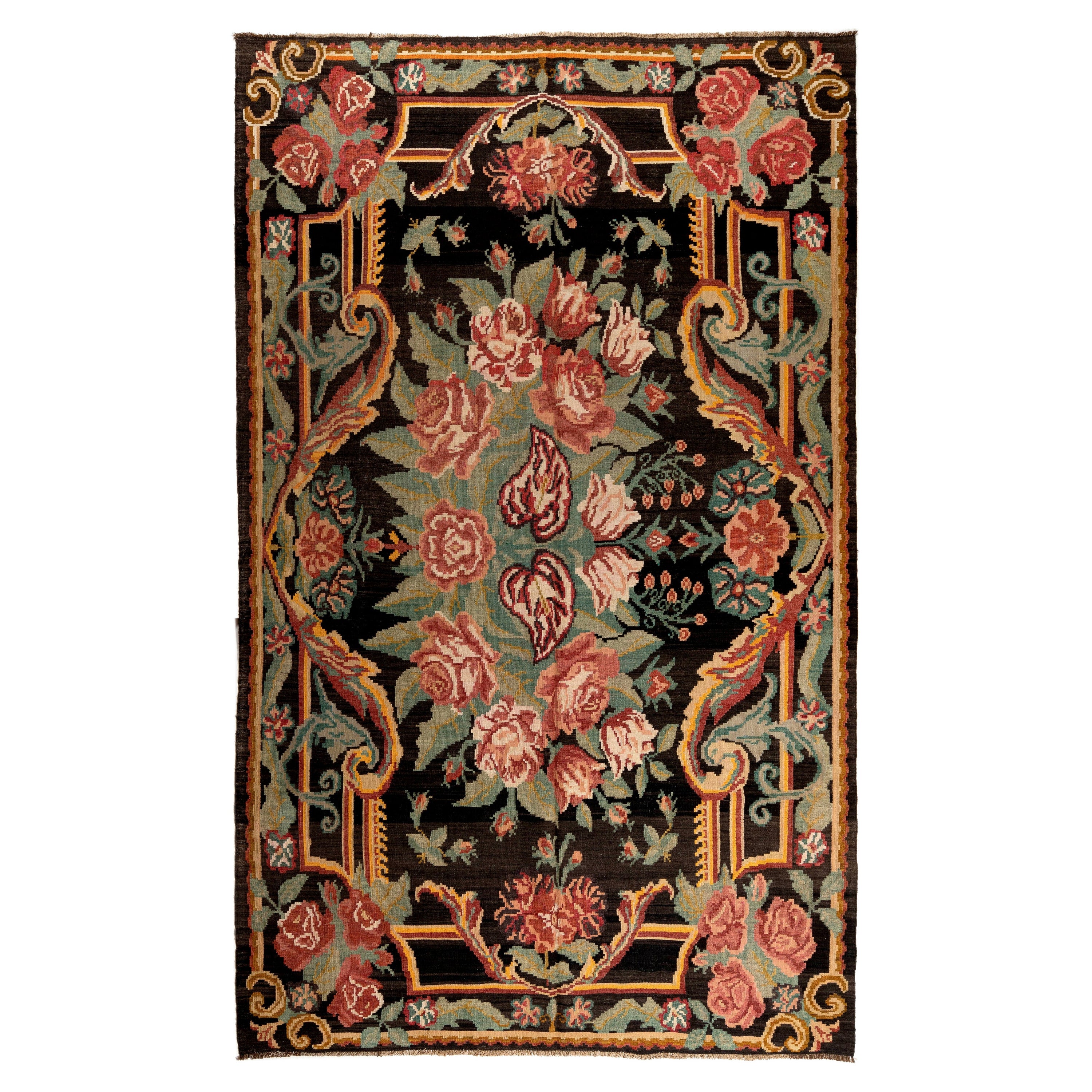 6.8x11 Ft Floral Pattern Tapestry, Bessarabian Kilim, Hand-Woven Rug, All Wool For Sale