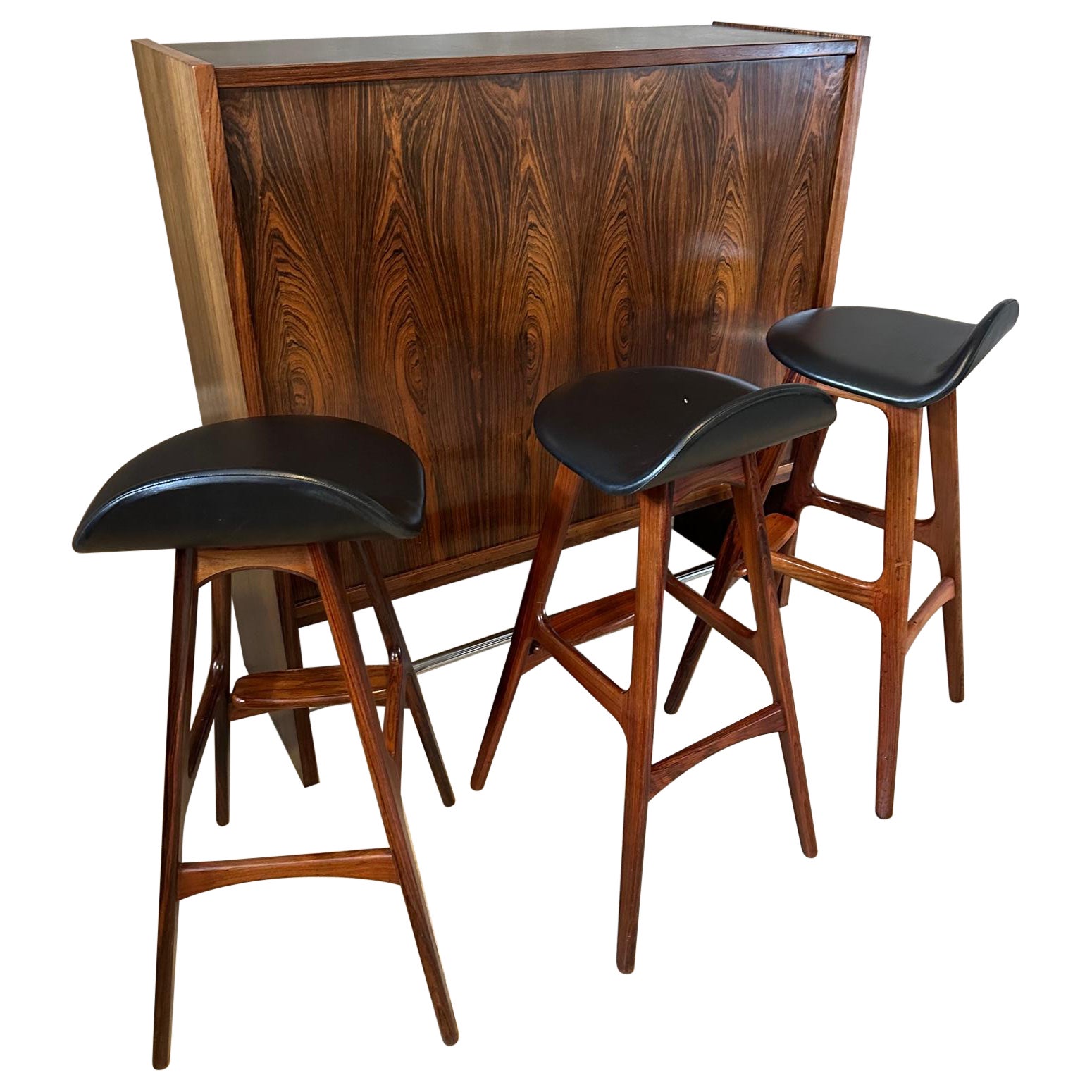 20th century Danish Teak Erik Buch Bar and Leather Stools, 1960s