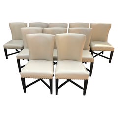 Set of 10 Ivory Leather Dining Chairs with Antique Gold Nailhead Trim