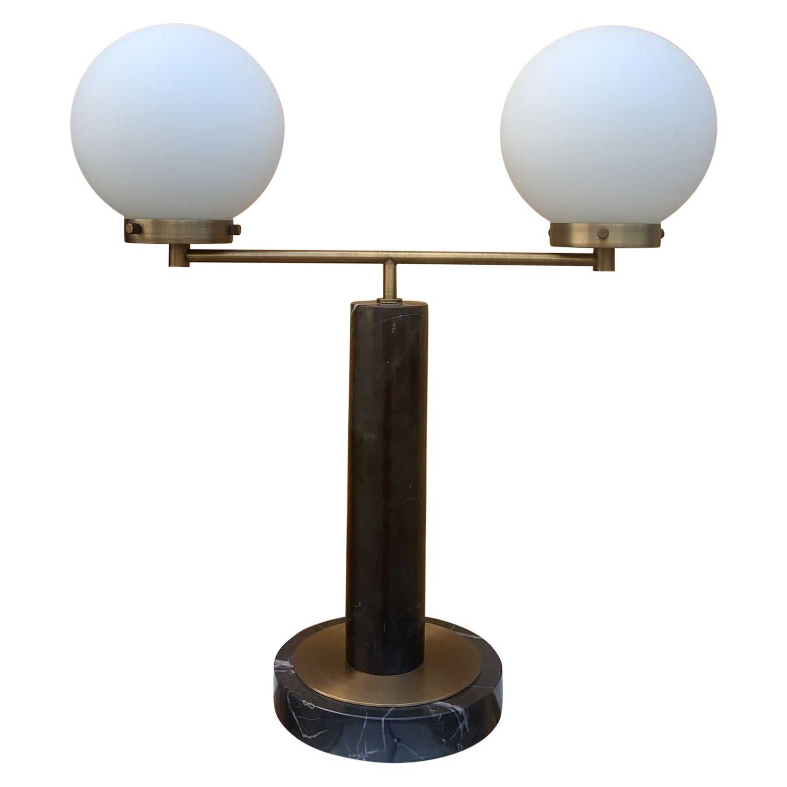 Modern Marble and Brass Table Lamps with 2 White Ball Shades For Sale
