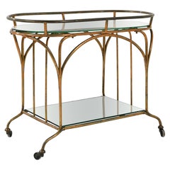 Vintage 20th Century French Brass and Glass Bar Cart on Wheels