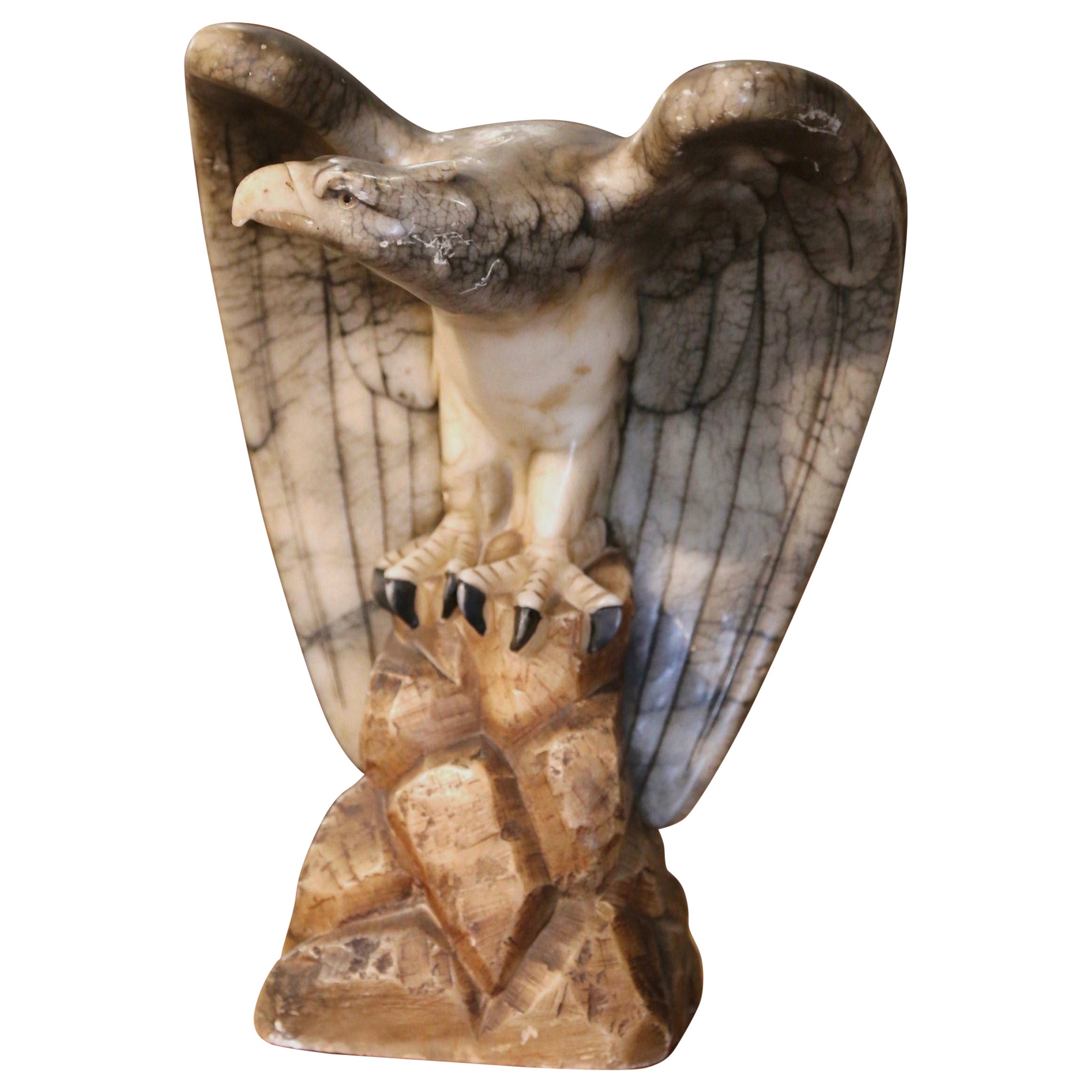 19th Century French Carved Variegated Marble Eagle Sculpture with Glass Eyes For Sale