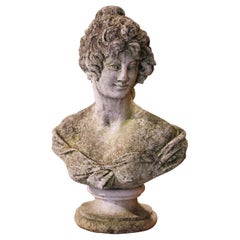 Mid-Century French Weathered Cast Stone Garden Statuary Female Bust