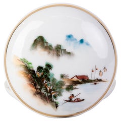Vintage Chinese Mountainside Fishing Landscape Porcelain Lidded Box 