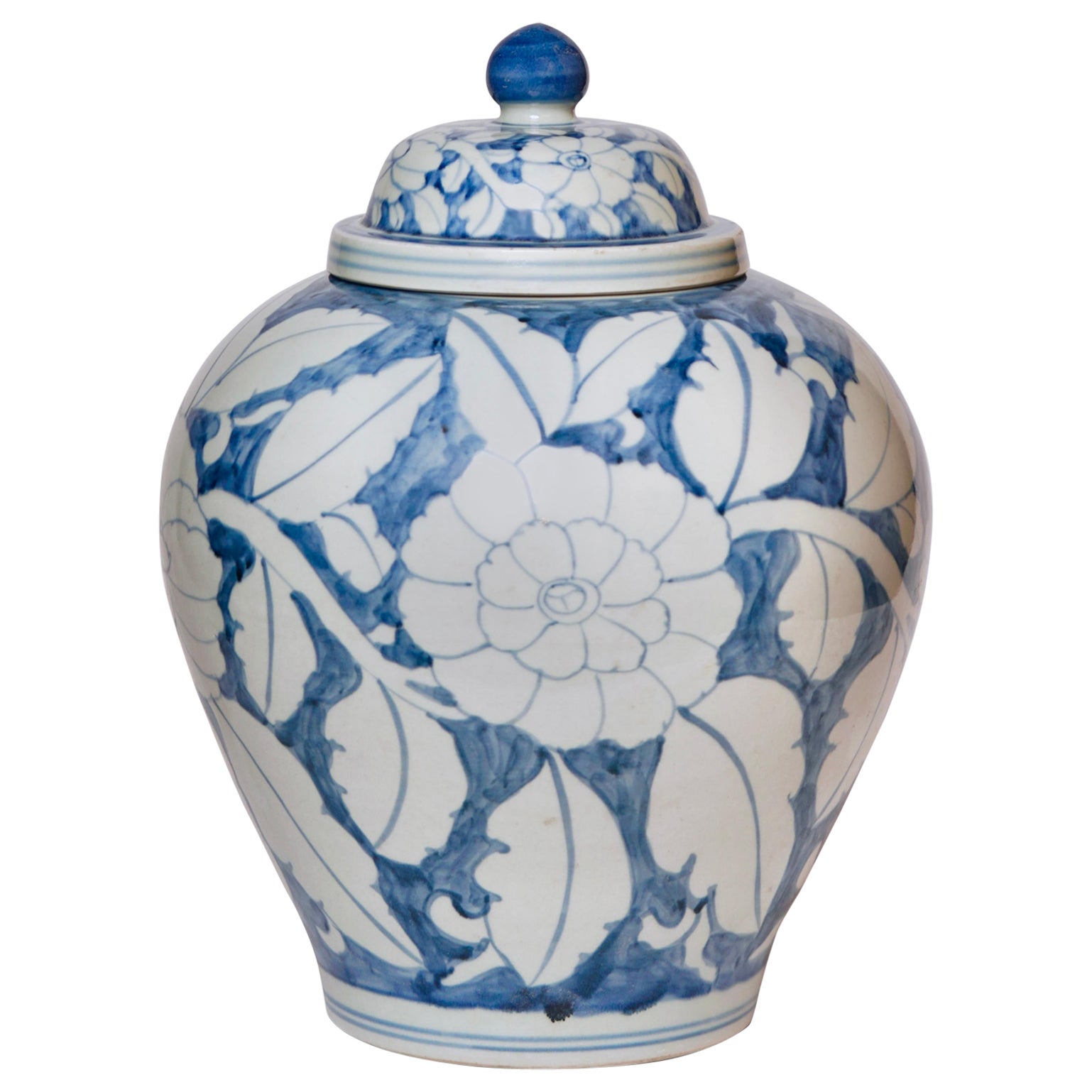 Rustic Peony Blue and White Porcelain Temple Jar For Sale