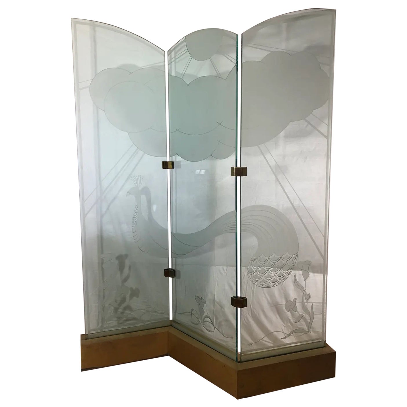 Etched Glass 3 Panel Peacock Lighted Room Divider Screen For Sale