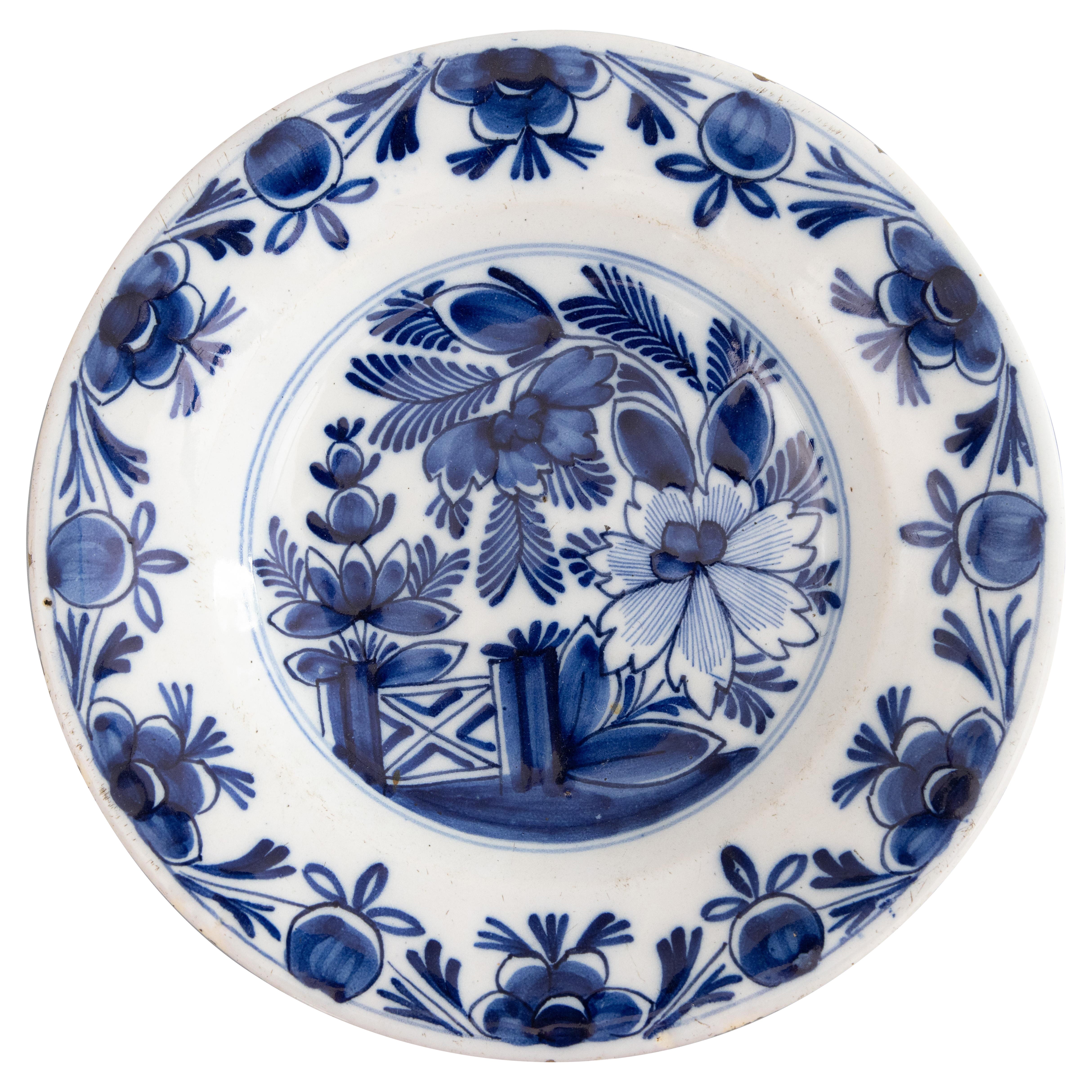 18th Century Antique Floral Delft Plate With Garden Gate For Sale