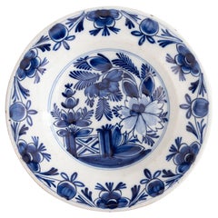 18th Century Antique Floral Delft Plate With Garden Gate