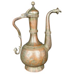 Antique Qajar Dynasty Tinned Copper Hand Hammered Chiseled Ewer, Iran, 19th Century 