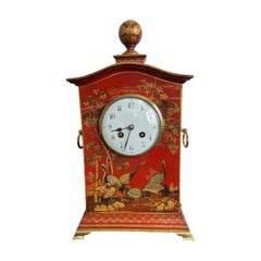 Reloj de chimenea chinoiserie rojo inglés, movimiento Japy Freres, circa 1920