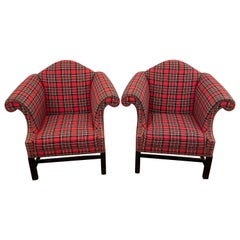 Vintage Ralph Lauren Style Red Plaid Pair of Club Chairs
