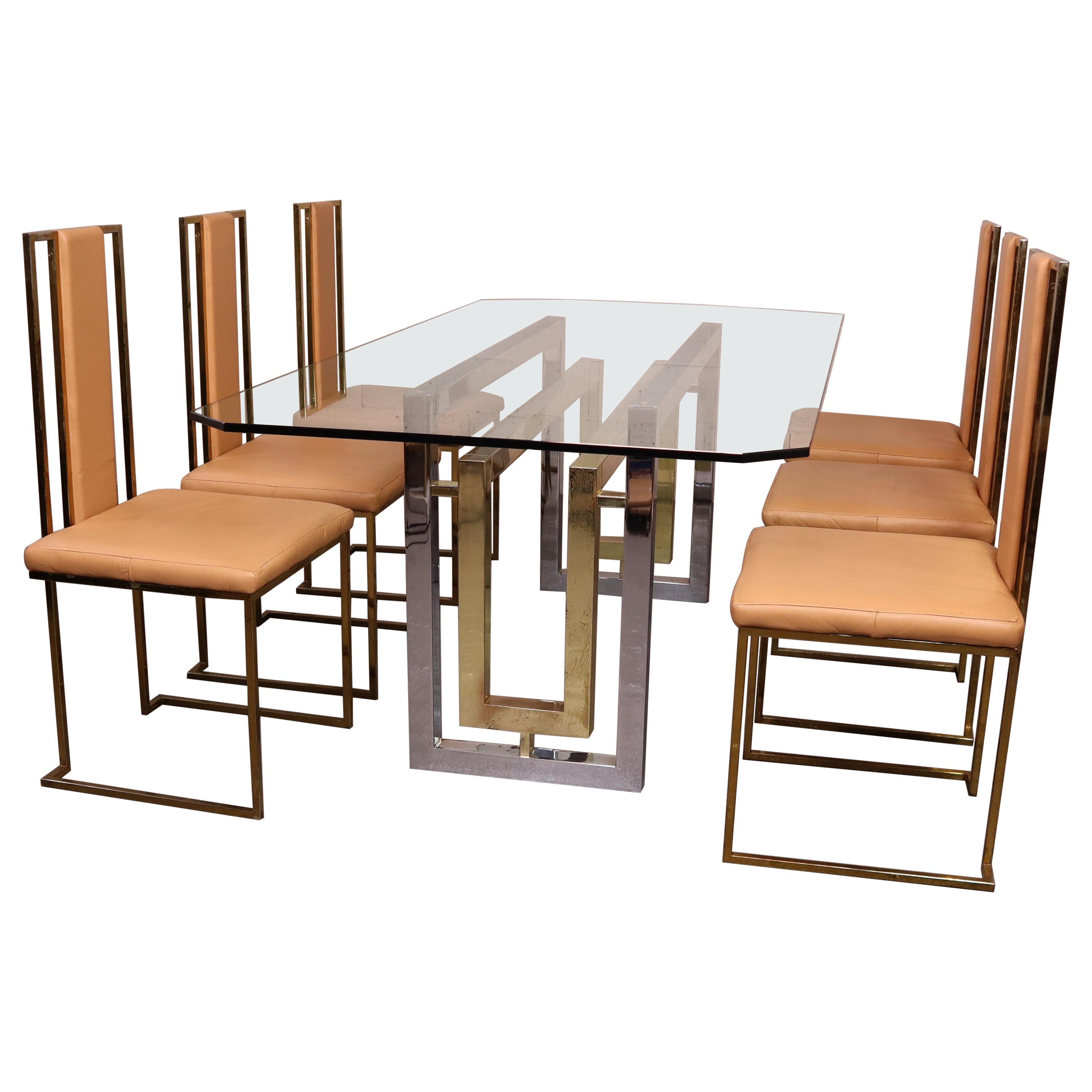 Italian leather, brass and glass dining set by Renato Zevi, 1970's For Sale