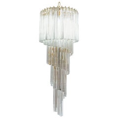 Vintage Venini Five-Tier Swirling Chandelier Lamp with Murano Glass Triedri Prisms, 1960