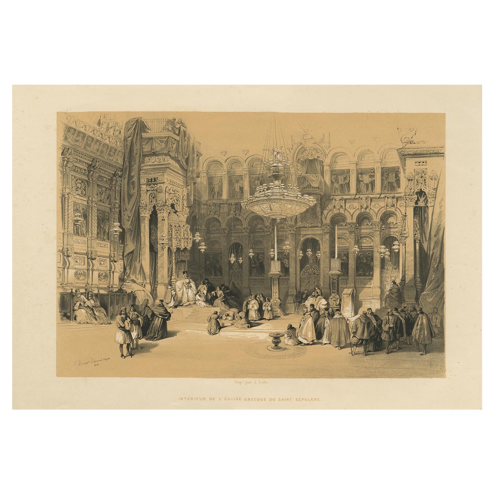 Old Lithograph depicting the Greek Chapel of the Holy Sepulchre, 1845