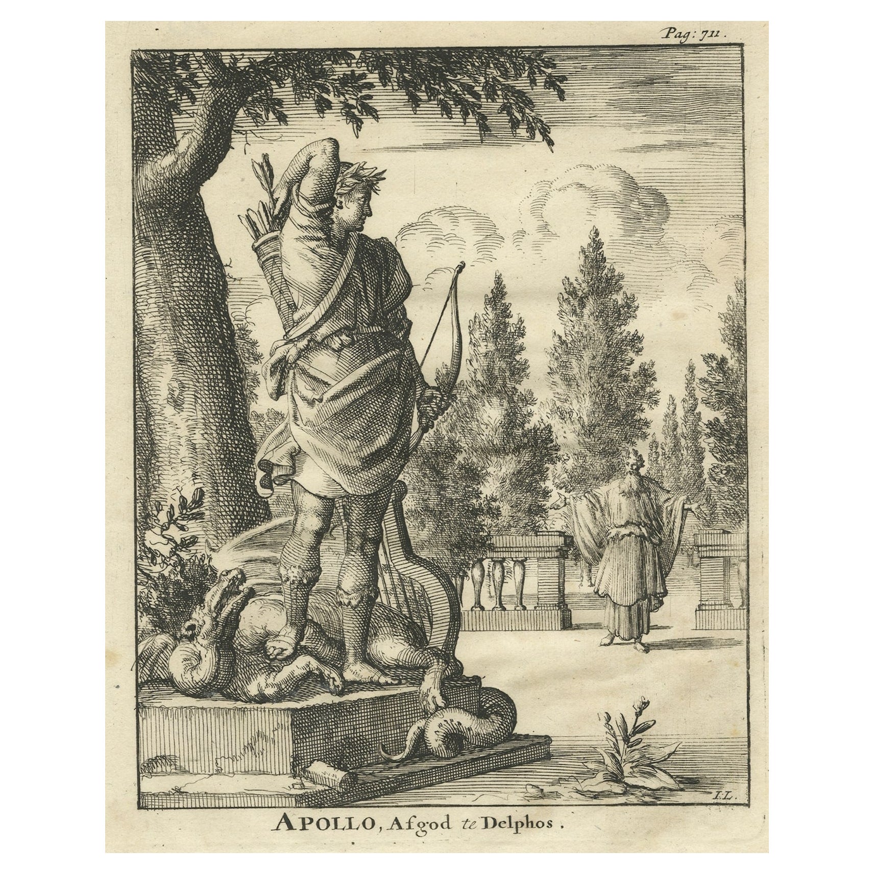 Antike Gravur des Apollo, der Olympianischen Gottheit und Schirmherr von Delphi, 1686