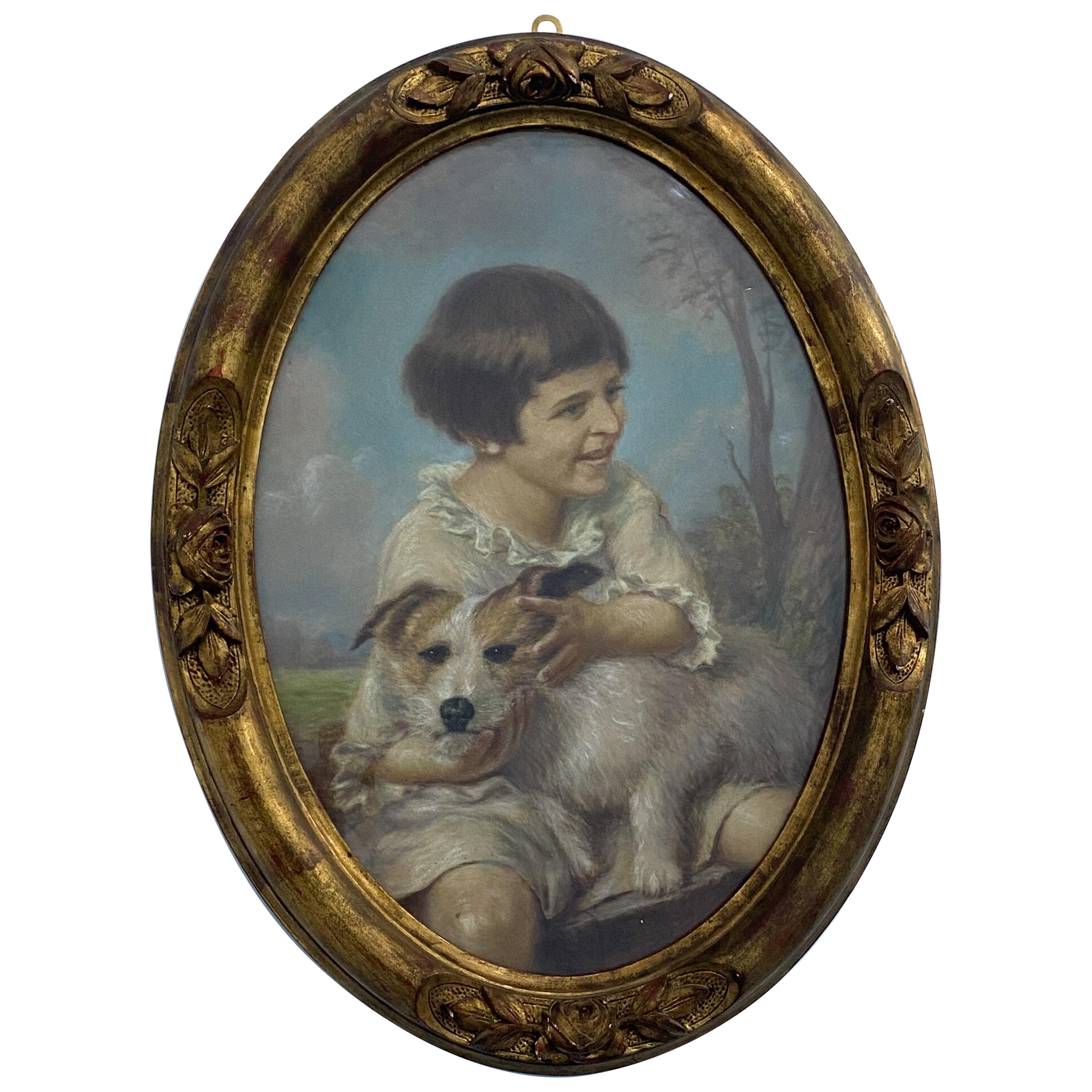 Antique French pastel painting "portrait of little girl with dog" 1925 signed For Sale