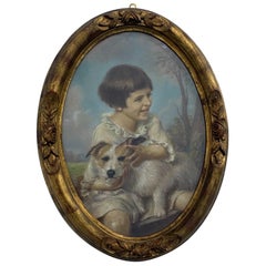 Antique French pastel painting "portrait of little girl with dog" 1925 signed