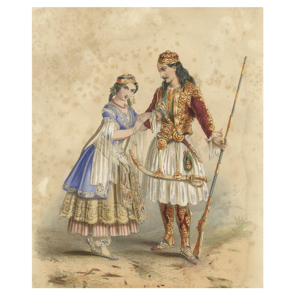 Lithograph of Greek Costumes, ca.1850 For Sale