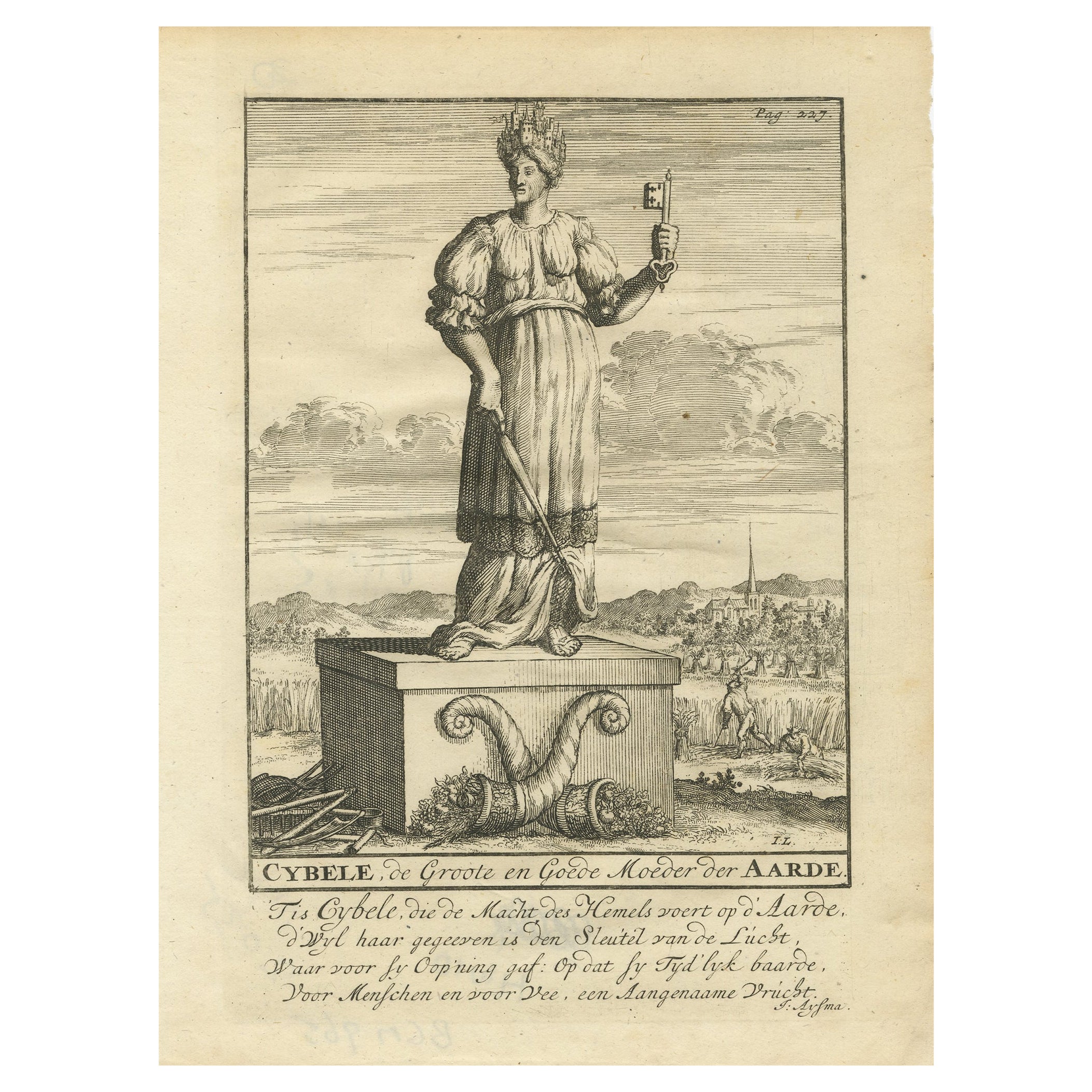 Original Old Engraving showing Cybele, the Anatolian Mother Goddess, 1686