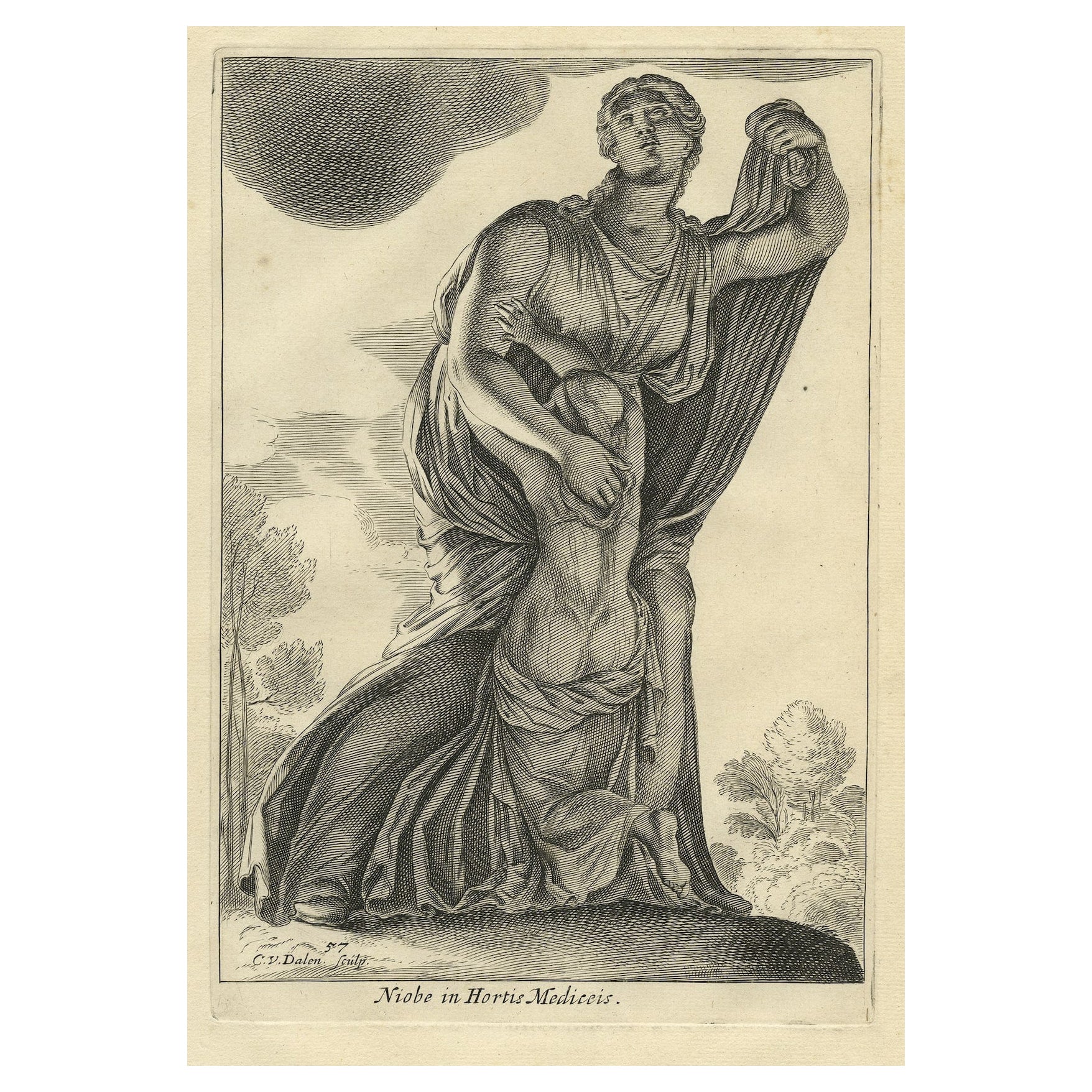 Original Antique Engraving of the Statue of Niobe in Rome, Italy, 1660 For Sale