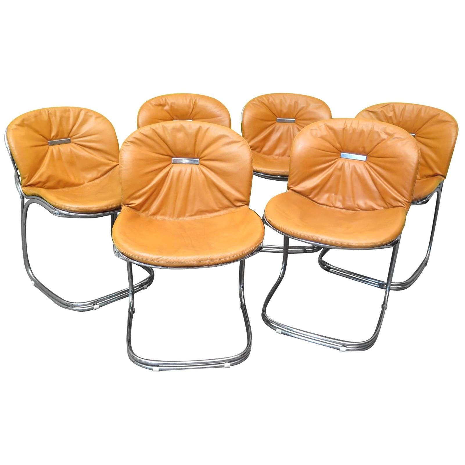 Six by Gastone Rinaldi Leather and Tubular Metal Italian Chairs