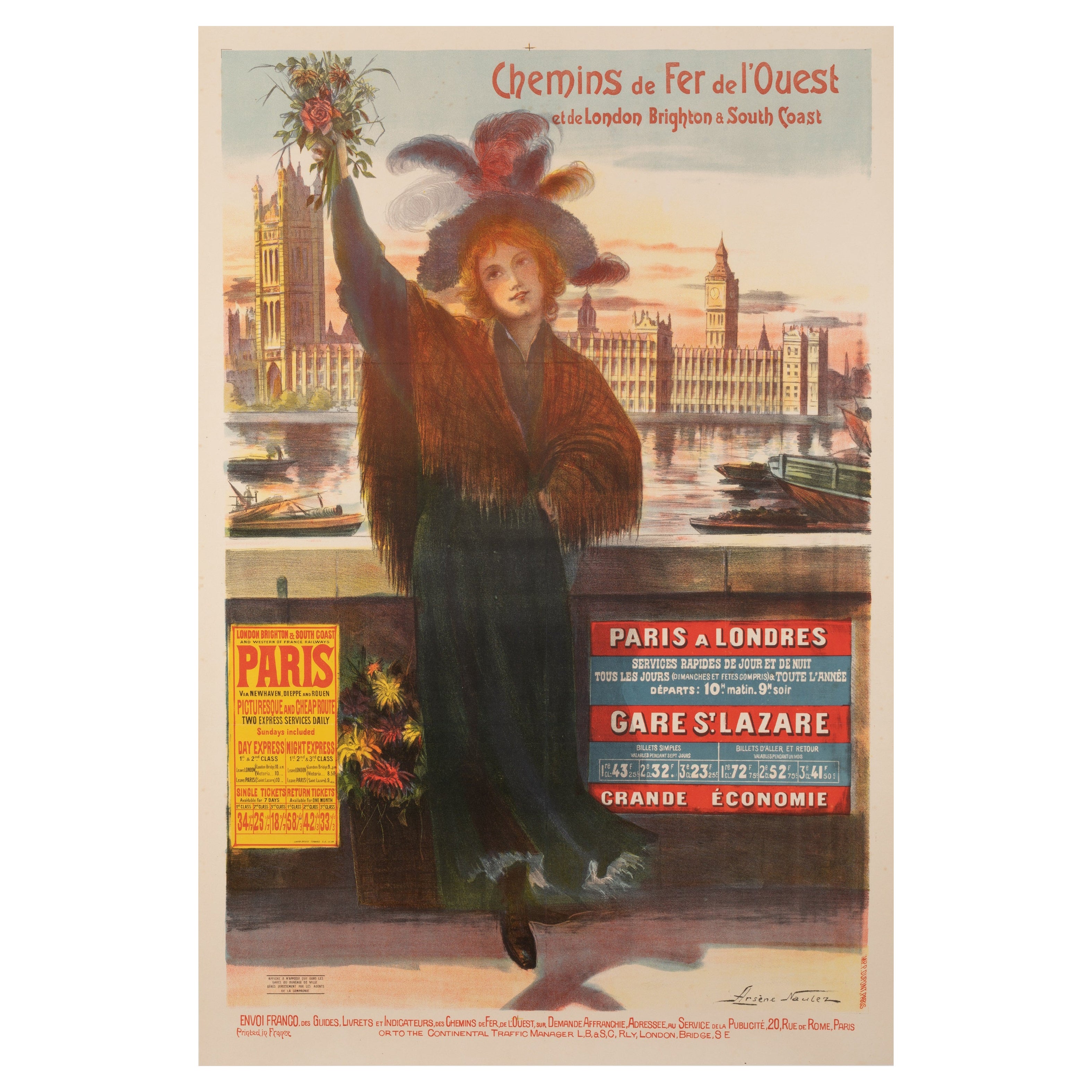 Naulez, Original Railway Poster, Paris London Brighton, Big Ben Westminster 1904 For Sale