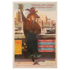 Affiche originale de la compagnie de chemin de fer, Paris, Londres, Brighton, Big Ben Westminster, 1904