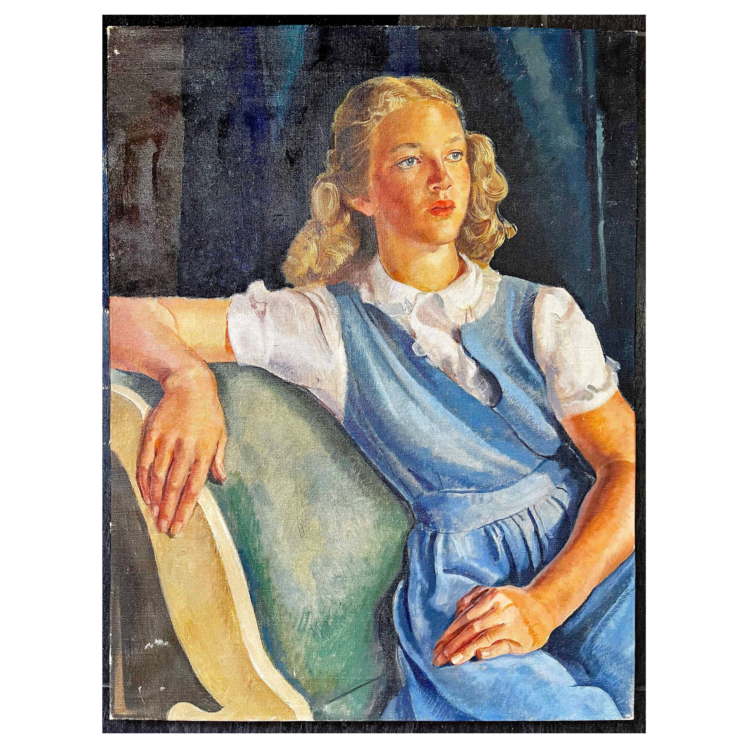 "Young Woman in Blue Dress", Stunning 1940s Portrait of Blonde Female For Sale