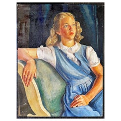 "Young Woman in Blue Dress", Stunning 1940s Portrait of Blonde Female