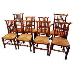 English Set of Eight  Elm Spindleback Chairs Early 19th C Two Arms and Six Sides
